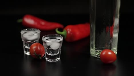 Cherry-tomato-roll-up-to-two-cups-of-vodka.-Black-background