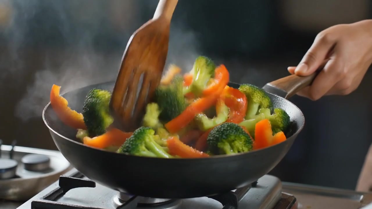 Chef che salta in padella broccoli freschi e peperoni in un wok