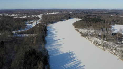 panoramic view of icy lake with dense woods during sunny day in winter