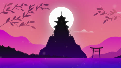 motion graphic of japanese temple on a hill