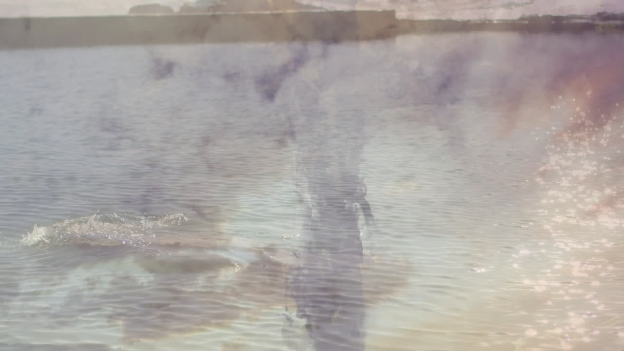 Animation of shark swimming in ocean with abstract cloud patterns overlay