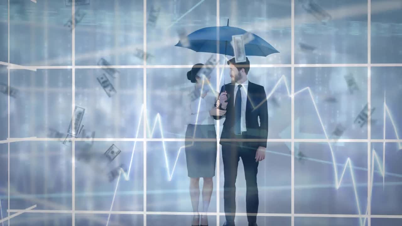 돈이 떨어지는 우산  ⁇ 에 서 있는 백인 부부의 애니메이션