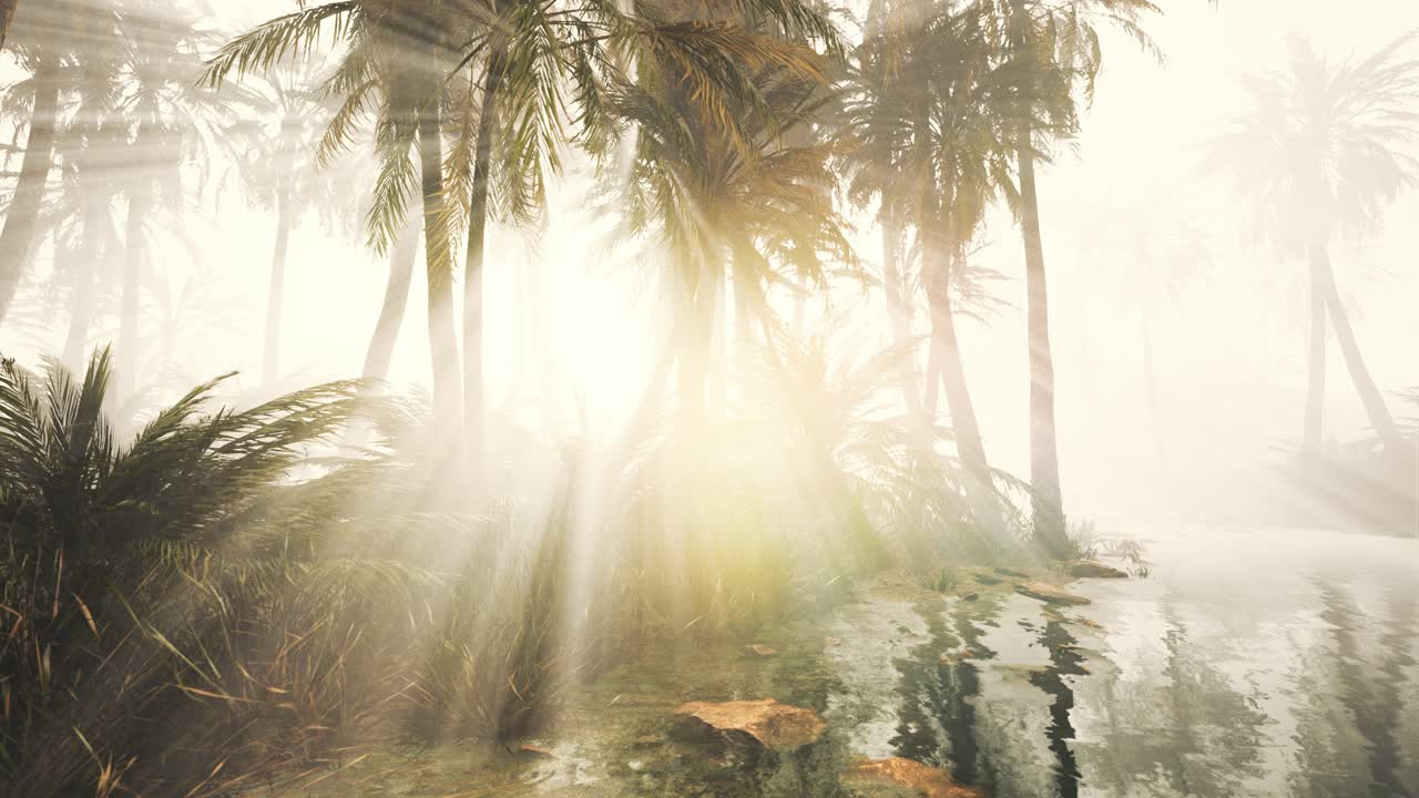 palme da cocco nella profonda nebbia mattutina