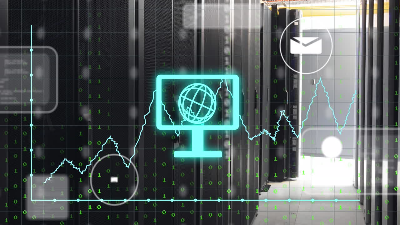 animación de computadora con globo, códigos binarios, gráficos, iconos de redes sociales en la sala del servidor de datos