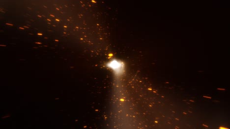 loop center of bright optical lens flare flickering and burst with orange particle dust and cloud on black background footage for cinematic trailer burst optical flare backdrop or background.
