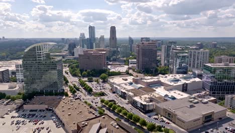 aerial of busy peachtree road with big parking lots, parkway near department stores, shopping malls, atlanta, georgia, panoramic view
