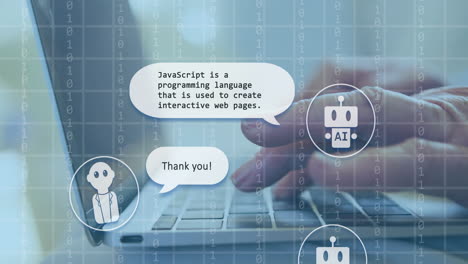 animación de texto ai, chat bot y procesamiento de datos sobre mujer caucásica usando portátil
