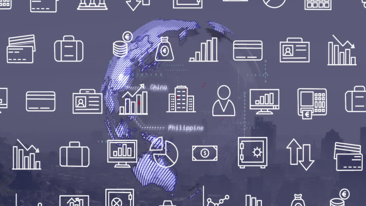 animación de múltiples iconos digitales sobre un globo giratorio y procesamiento de datos contra el paisaje urbano