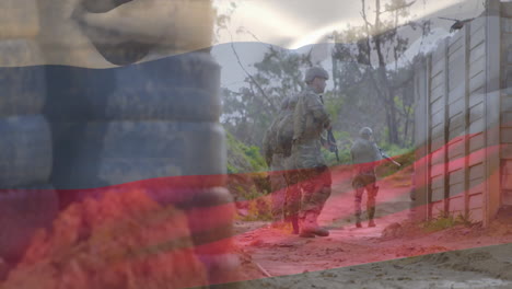animation of flag of russia over diverse soldiers with guns