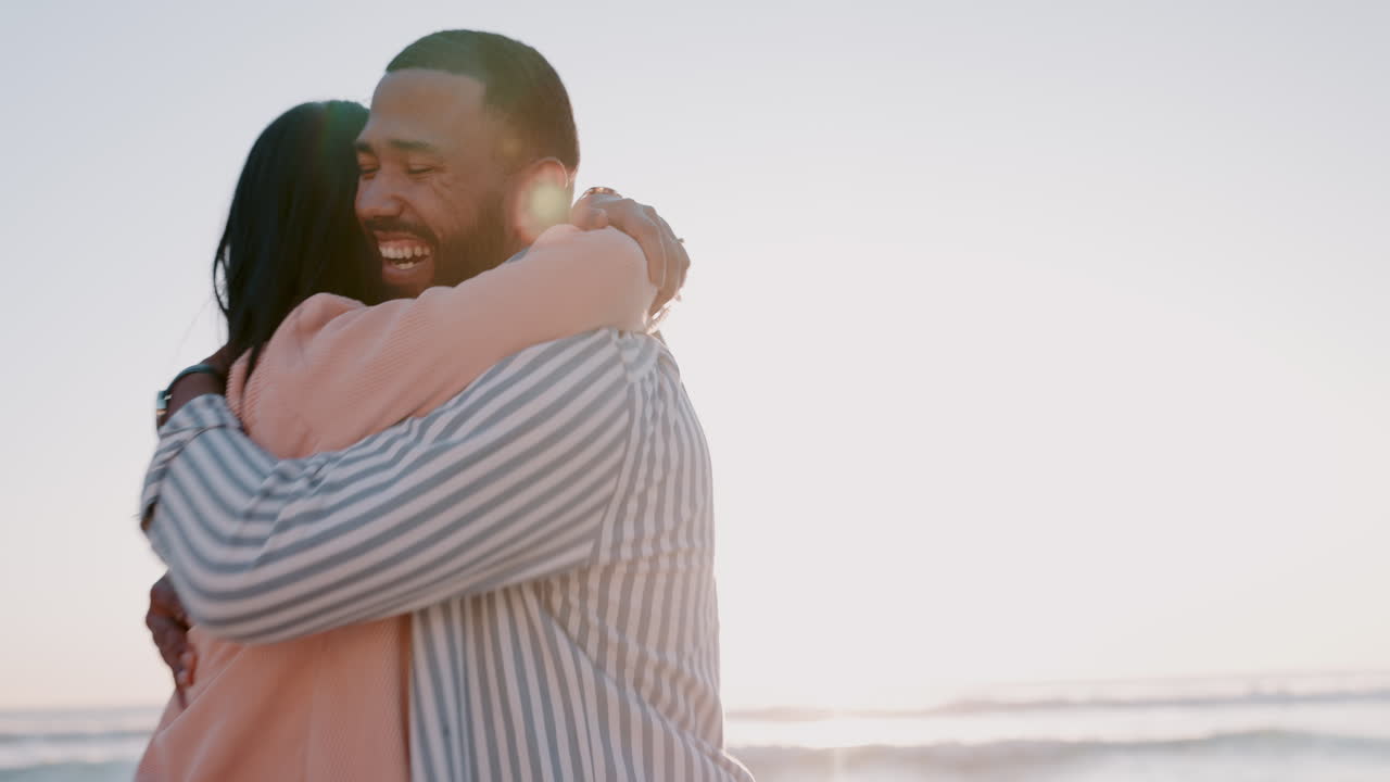 Couple, running and hug with love at beach outdoor