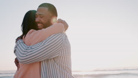 couple, running and hug with love at beach outdoor