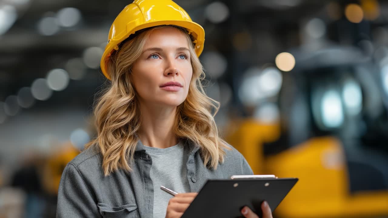 A Professional Female Engineer in Safety Gear Maintaining a Project Overview with a Clipboard in a Modern Industrial Environment