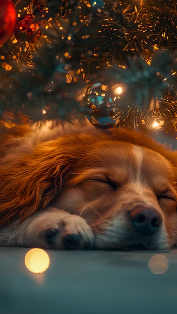 Vertical video: Resting dog breathing, opening eye with focus shifting under tree, silver bauble