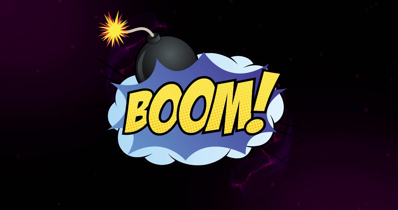 Animation af "boom" tekst over neonformer på sort baggrund