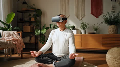 man meditating with vr headset in a calm room