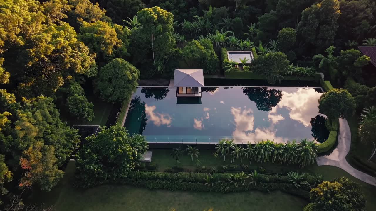 Aerial view of a luxury villa with swimming pool and garden immersed in the lush tropical jungle of Bali, Indonesia, during a beautiful sunset