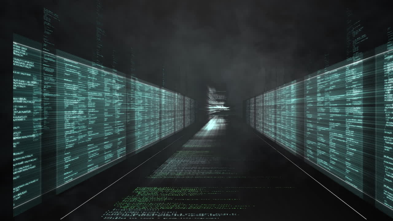 efecto de humo azul en múltiples pantallas con procesamiento de datos contra un fondo negro