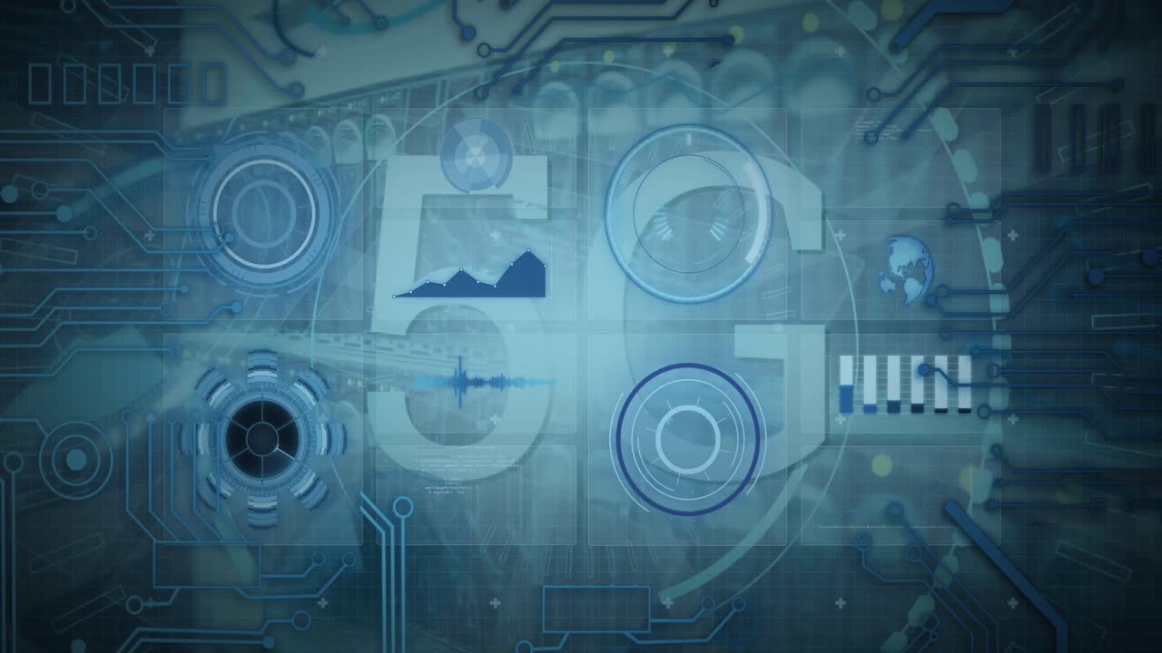 Animation of 5g text, round scanners and data processing over close up of a computer server