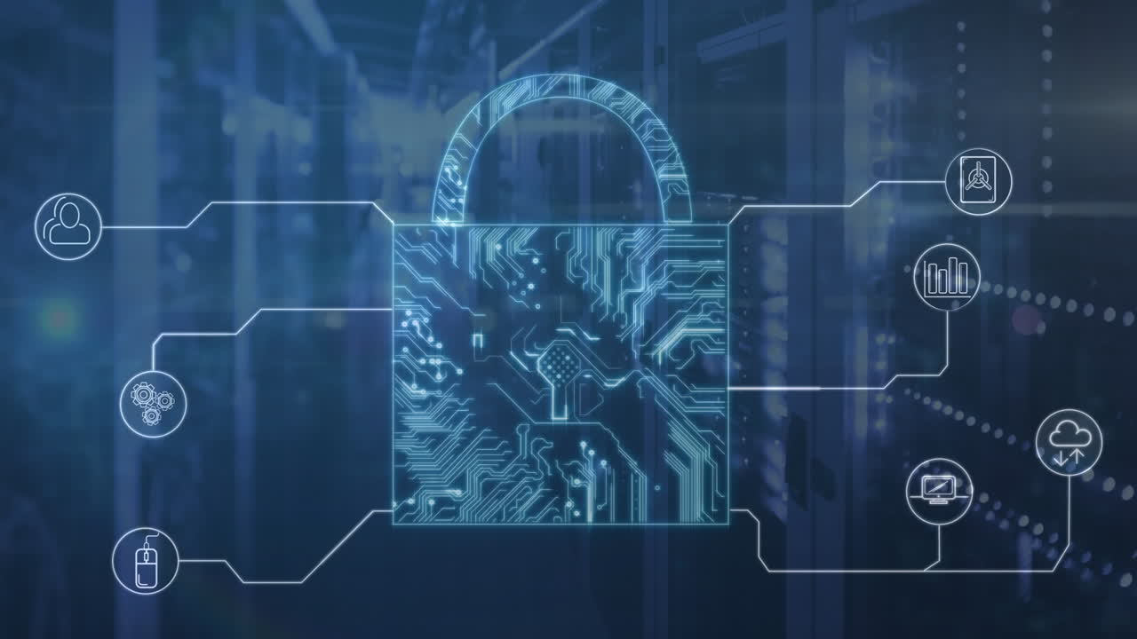 animación de la red de conexiones con iconos y cerrojo sobre la sala del servidor.