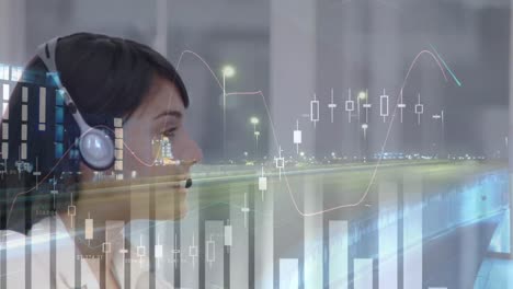 Animation-of-financial-and-statistic-data-processing-over-businesswoman-wearing-phone-headset