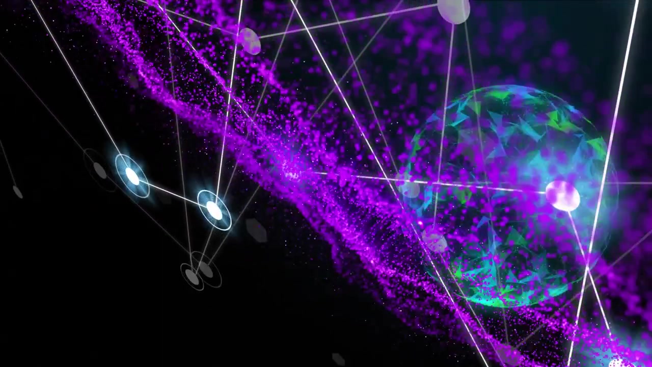 Animation of connected dots, purple particles forming abstract pattern over glowing globe