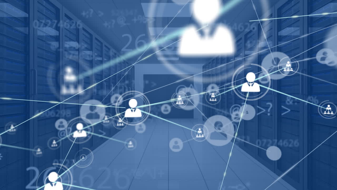 Animation of network of connections with icons and data processing over server room