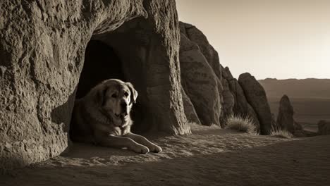 a majestic dog resting in a cave, surrounded by rugged rock formations under a golden hue of sunset in a serene landscape