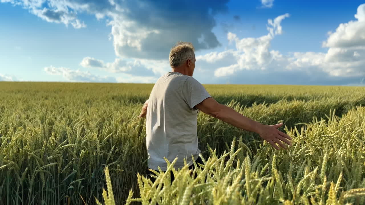 Old male farmer walks by the field full of ripe corn. Man spread his arms to the sides to touch the spikelets.