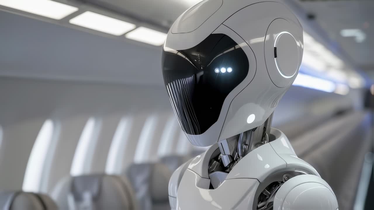 Futuristic humanoid robot sitting inside aircraft passenger cabin, representing cutting edge artificial intelligence integration with advanced transportation technology