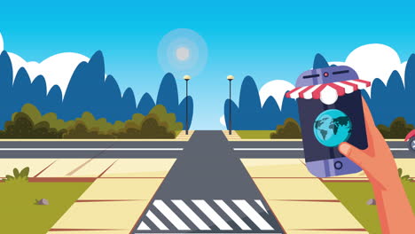 delivery service worker in motorcycle and smartphone animation