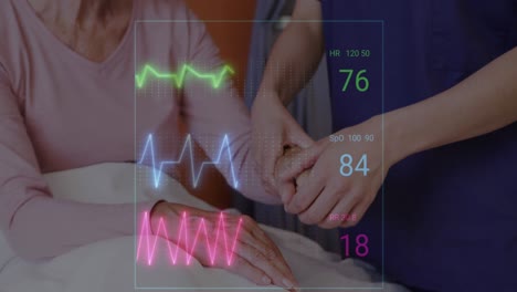 Animation-of-medical-vital-signs-data-over-female-doctor-examining-hand-of-senior-female-patient