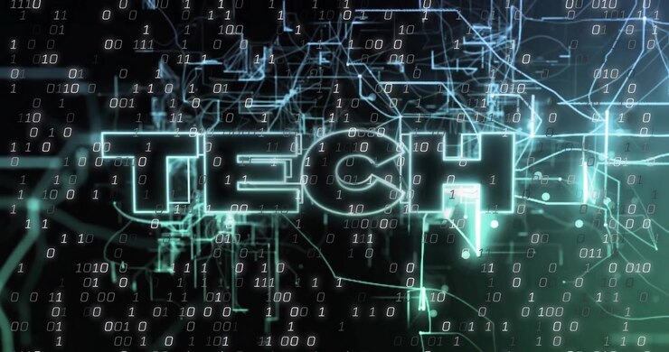 Circuits activating and forming TECH letters while binary digits cascading to reveal brand