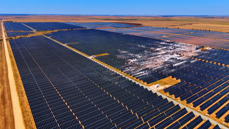 Solar panels in energy field. Solar panels cover a large area under clear blue skies, showcasing a commitment to renewable energy solutions