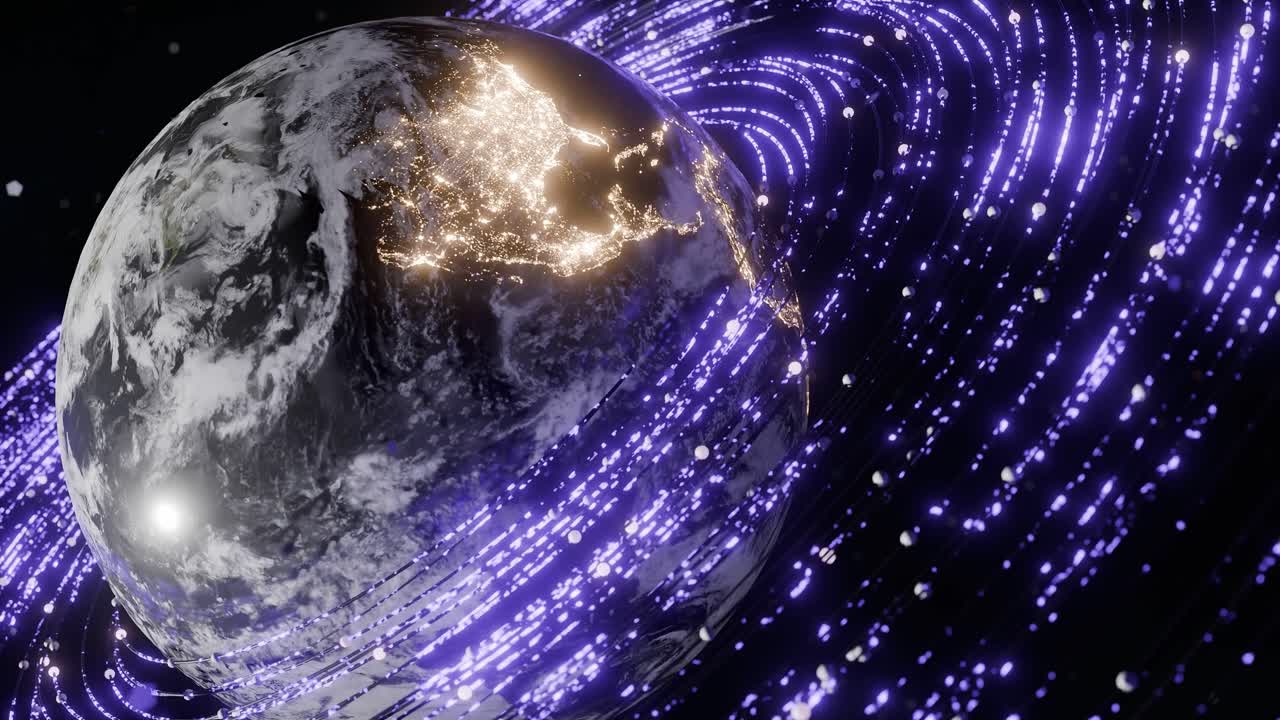 Earth showing illuminated North and Central America with purple light trails in outer space. United States, Mexico, Canada. 3D rendering with night lights and energy wave. technology global connection