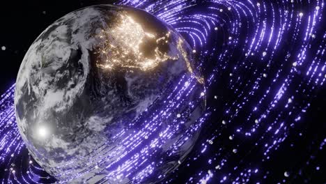 earth showing illuminated north and central america with purple light trails in outer space. united states, mexico, canada. 3d rendering with night lights and energy wave. technology global connection