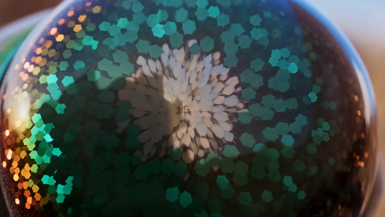 Vista macro estrema di una cupola sferica lucida coperta da fitte scaglie di glitter esagonali verde acqua e verdi che si riallineano in un brillante grappolo a stella al centro, con riflessi cangianti su tutta la superficie.