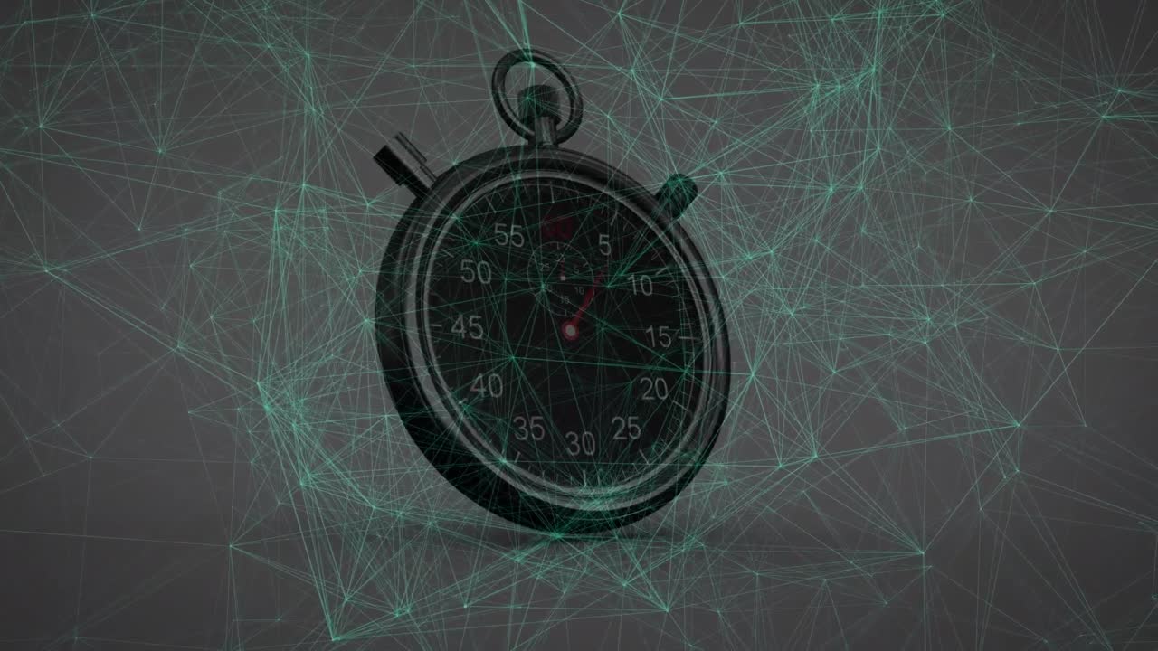 Animation of network of connections and clock over dark background