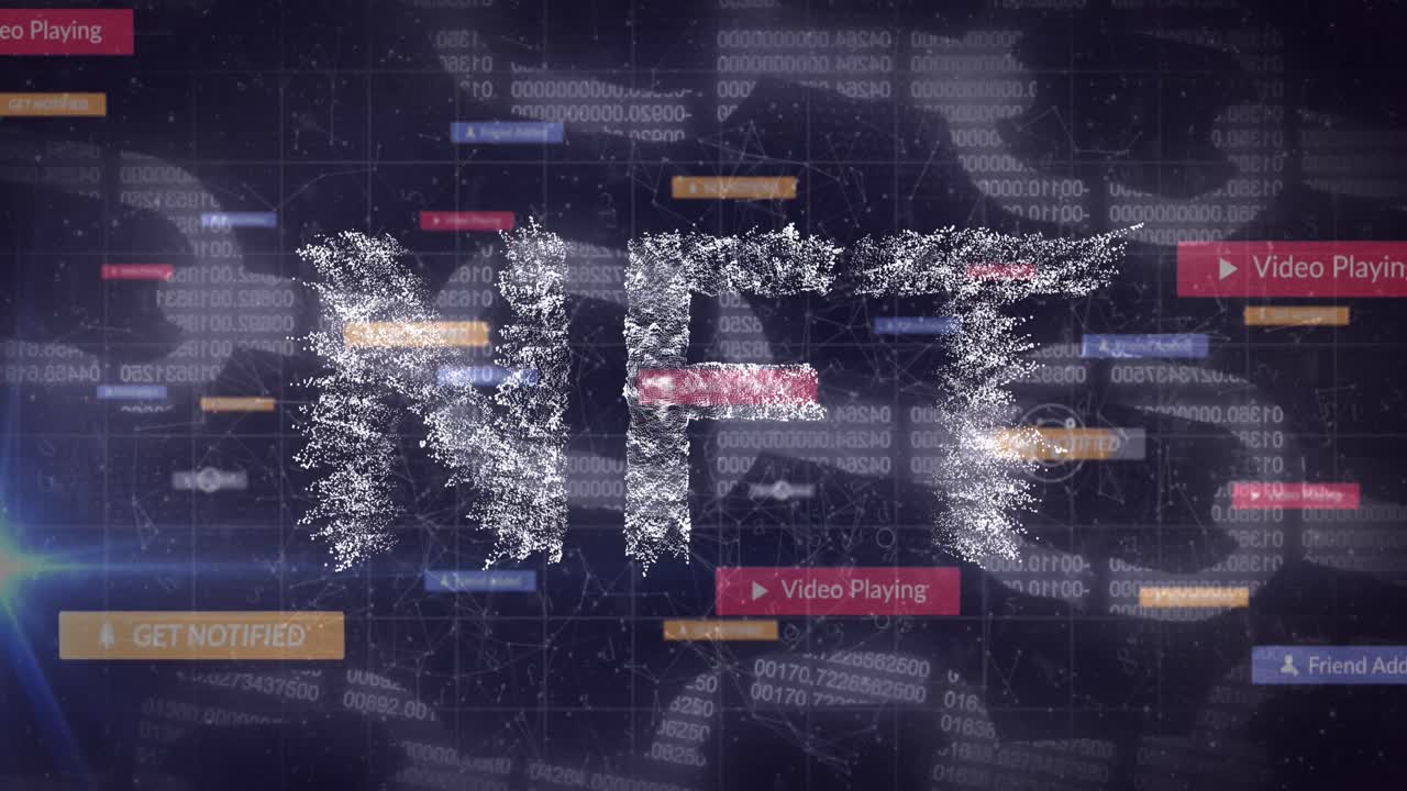 nft 텍스트 배너와 소셜 미디어 아이콘과 연결 네트워크 및 보안 체인 아이콘