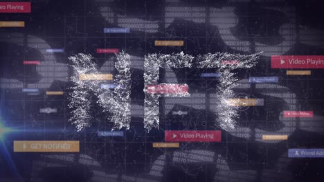 banner de texto nft e iconos de redes sociales contra la red de conexiones y el icono de la cadena de seguridad