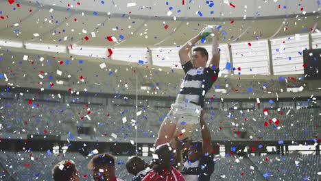 animation de confettis sur des joueurs de rugby masculins pendant un match au stade