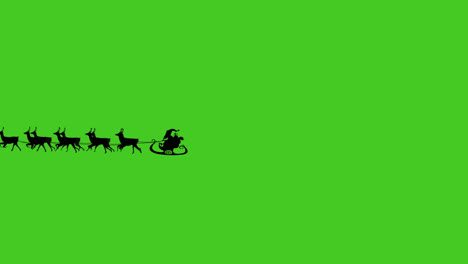 Animation-of-black-silhouette-of-santa-claus-in-sleigh-being-pulled-by-reindeers-on-green-screen-bac