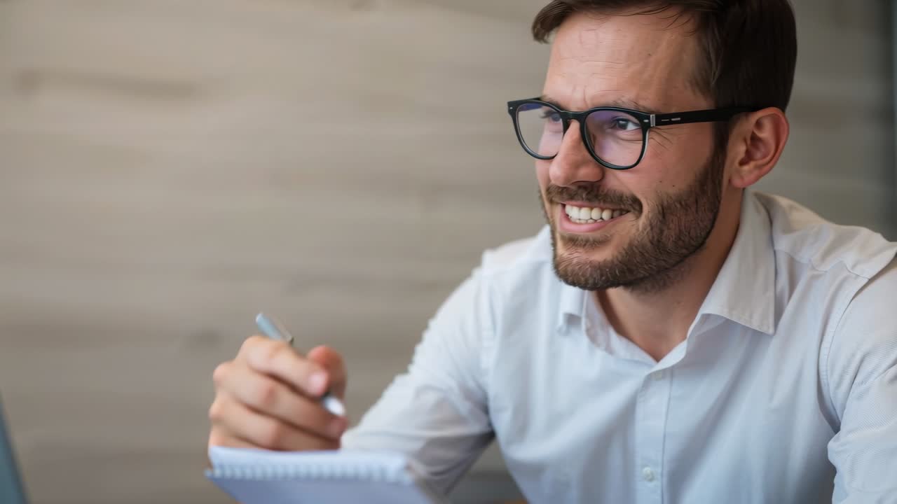 Dando un'occhiata al portatile, uomo adulto con gli occhiali che prende appunti in un quaderno a spirale con una penna, in camicia.
