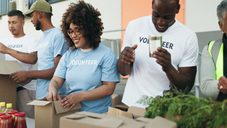 happy people, volunteer and box in teamwork