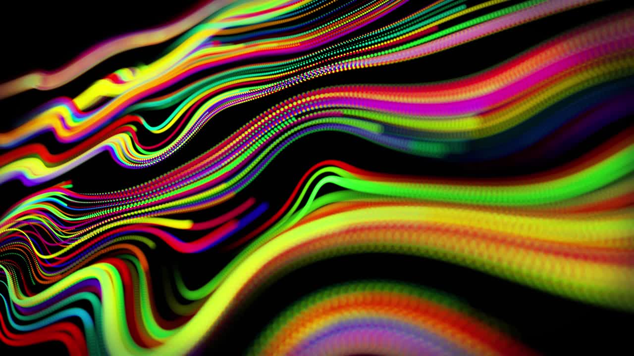 el flujo de partículas forma líneas rizadas como rastros de brillo de diferentes colores, las líneas forman un patrón giratorio como ruido de rizado. abstracto 3d bucle de flujo de animación como fondo festivo creativo brillante