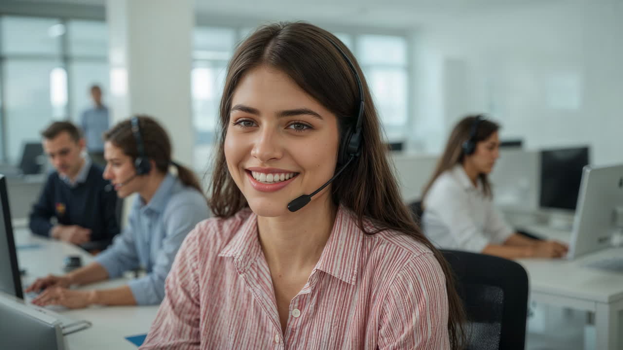 Smiling Customer Service Representative in a Call Center