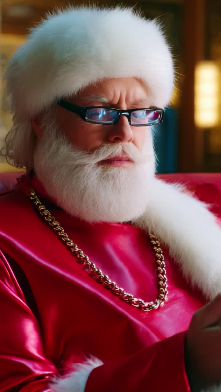 A Festive Santa Claus in Red Attire: Capturing the Iconic Look of a Modern Saint Nick with Stylish Glasses and a Comfy Setting, Emanating Holiday Cheer and Warmth in Every Detail