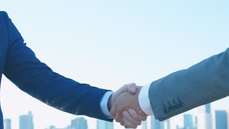 two businessmen in suits shaking hands