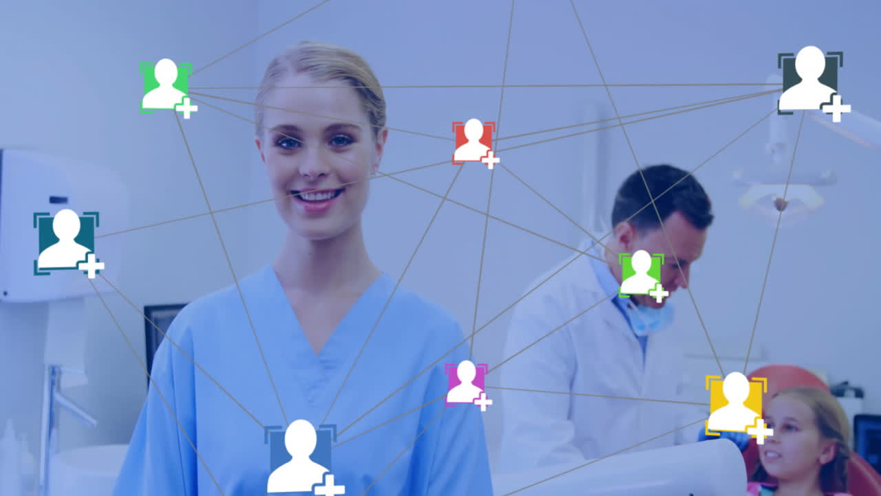 Network of connected user icons animation over healthcare professionals in clinic
