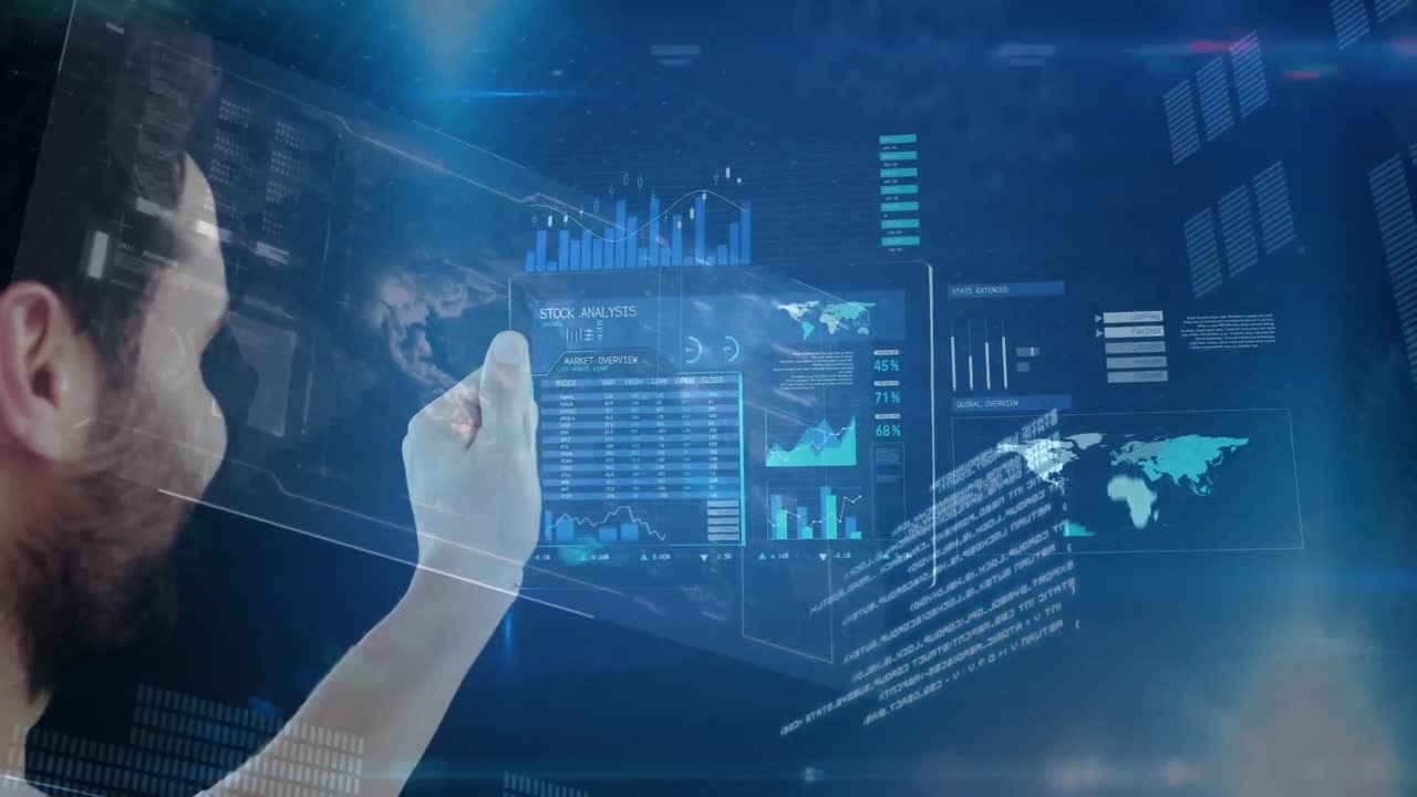 hombre de negocios tocando la pantalla futurista