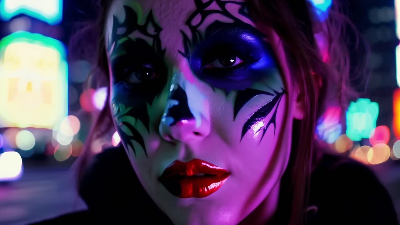 mujer con maquillaje colorido en la ciudad por la noche